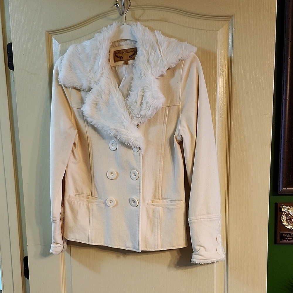 BODY CENTRAL WHITE PEA COAT with FAUX FUR COLLAR
